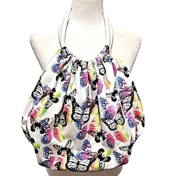 Womens White w/ Black and Multi Color Butterflies Tote Sac Shopping Shoulder Bag - Picture 2 of 8